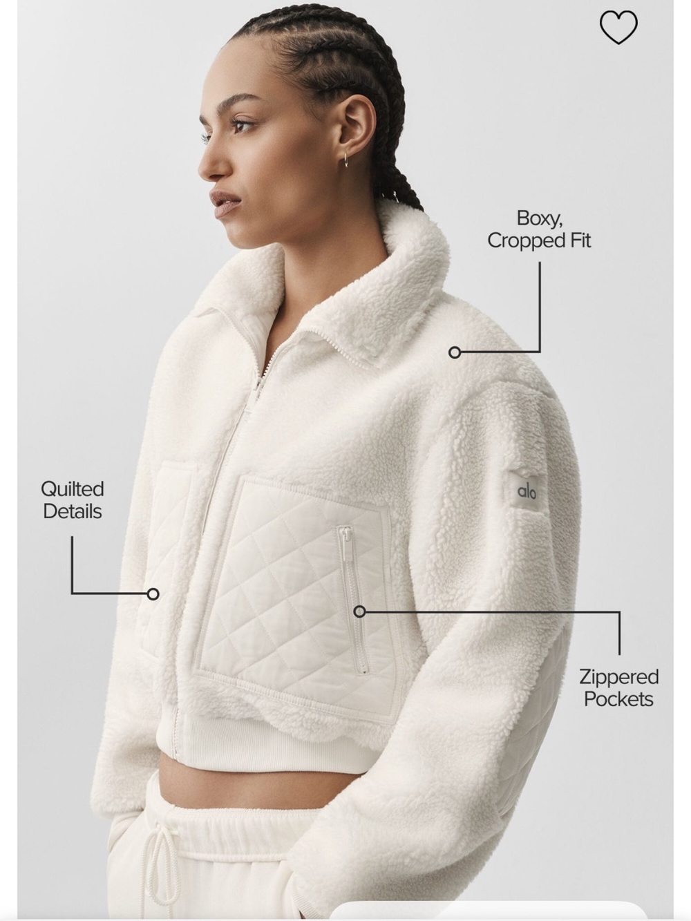 ALO Yoga Cream Sherpa Quilted Pocket Zip Jacket